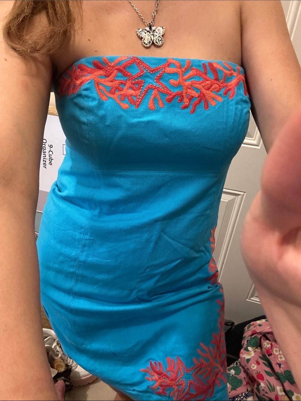 Lilly Pulitzer Strapless Turquoise Dress with Coral Embroidery